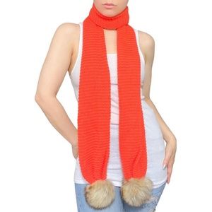 Orange Knit Scarf with faux fur ball details